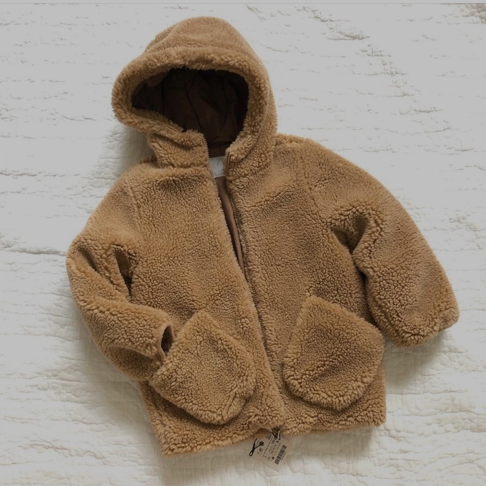 NWT Size 7 Zara Cozy Teddy Sherpa Hooded Jacket in Camel!